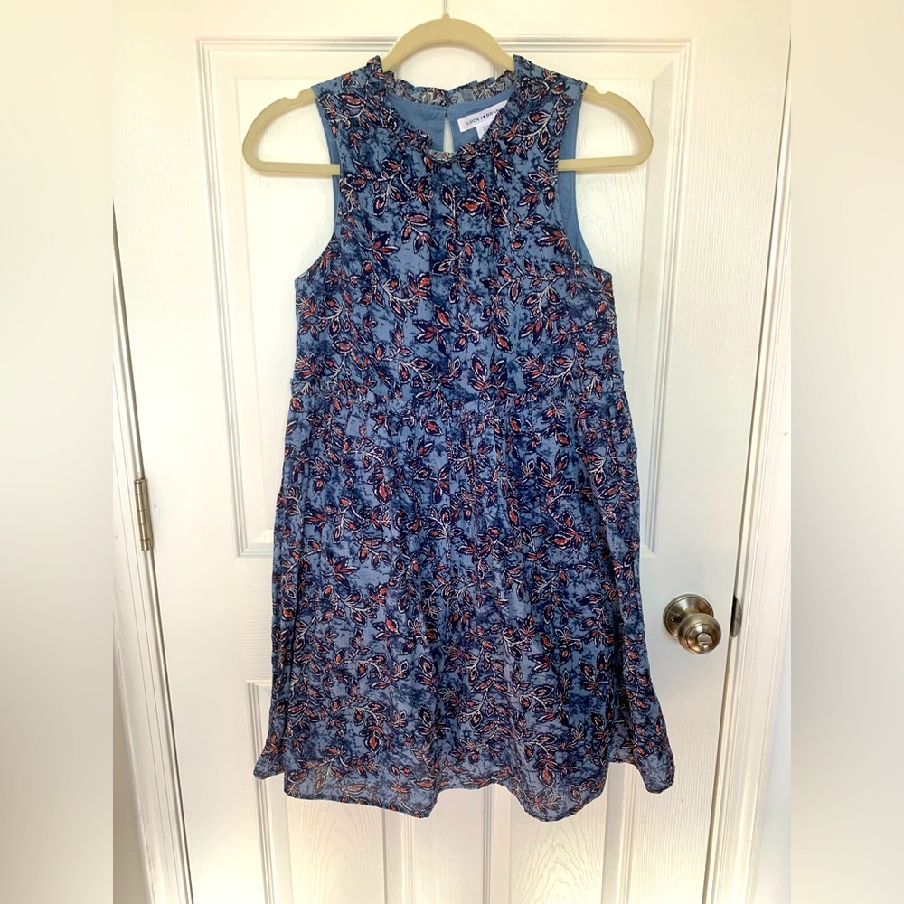 Blue Cotton Floral Lucky Brand Summer Dress Sleeveless Tiered Size XS